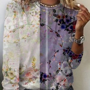 Women's Long Sleeve Tee T-shirt Spring/Fall Floral Cotton Crew Neck Daily Going Out Casual Top, JustFashionNow T-Shirts, color:Purple|size:5XL,