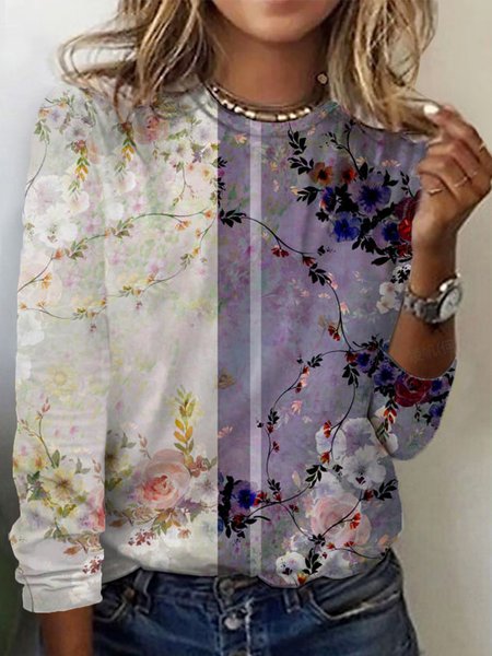Women's Long Sleeve Tee T-shirt Spring/Fall Floral Cotton Crew Neck Daily Going Out Casual Top, JustFashionNow T-Shirts, color:Purple|size:5XL,