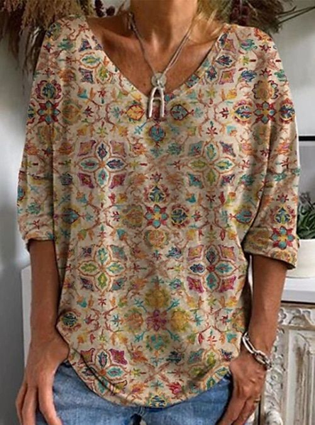 Women's Floral Spring V-Neck Print Casual Long Sleeve T-Shirt, Long sleeves, Lilicloth.com