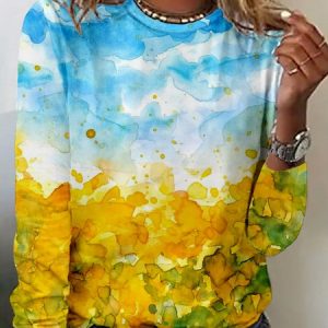 Casual Floral Crew Neck Long Sleeve T-shirt, T-shirts, color:Sky Blue|size:4XL, catalog Noracora shop