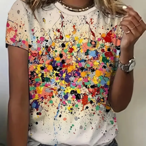 Women's Color Spring Print Casual V-Neck Short Sleeve T-Shirt, T-shirts, Lilicloth.com
