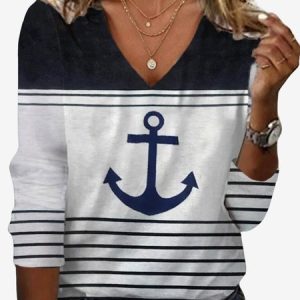 Women's Long Sleeve Tee T-shirt Spring/Fall Anchor Jersey V Neck Daily Going Out Casual Top, JustFashionNow T-Shirts, color:White|size:XXL,