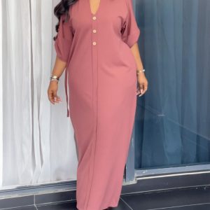 Plain Stand Collar Button Front Maxi Dress Casual Tied Detail Slit Dress, women Maxi Dresses, ChicMe catalog