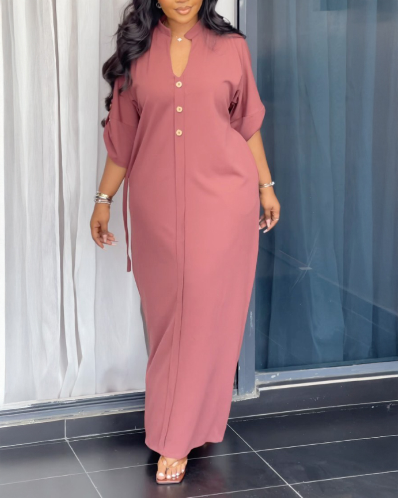 Plain Stand Collar Button Front Maxi Dress Casual Tied Detail Slit Dress, women Maxi Dresses, ChicMe catalog