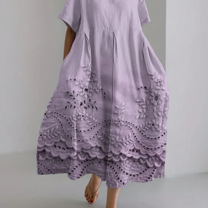 Vintage floral embroidery lace hem linen blend Print Casual Cotton-Blend Crew Neck Dress With No Belt, Dresses, Lilicloth.com