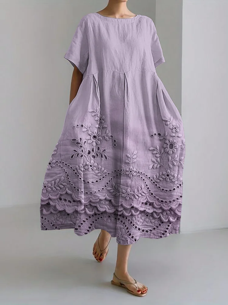 Vintage floral embroidery lace hem linen blend Print Casual Cotton-Blend Crew Neck Dress With No Belt, Dresses, Lilicloth.com