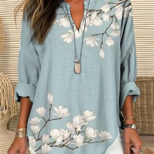 Women's Floral Long Sleeve Shirt Spring/Fall V Neck Daily Casual Top, JustFashionNow Blouses, color:Blue|size:5XL,