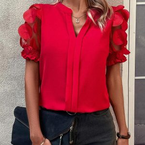 Jacquard V-Neck Puff Sleeve Blouse Casual Sheer Mesh Patch Short Sleeve Top, women Blouses & Shirts, ChicMe catalog