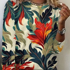 Floral Print Long Sleeve Crew Neck T-shirt, Long sleeves, Lilicloth.com