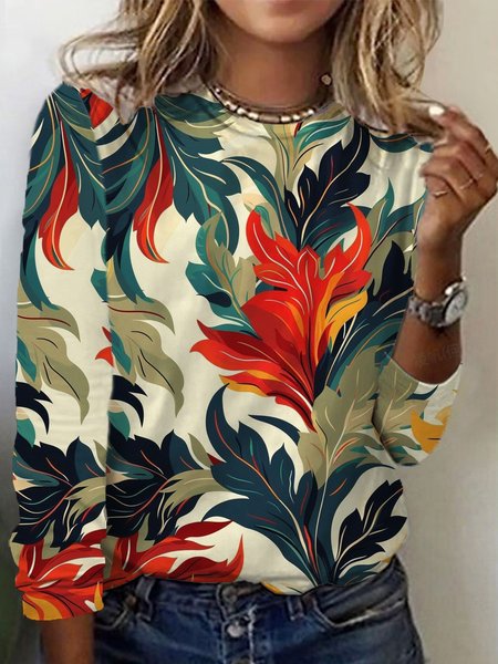 Floral Print Long Sleeve Crew Neck T-shirt, Long sleeves, Lilicloth.com