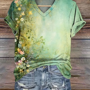 Women's Floral Short Sleeve Tee T-shirt V Neck Printing Casual Summer Graphic Tee Top, JustFashionNow T-Shirts, color:Green|size:XXL,
