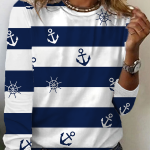 Women's Striped Long Sleeve Tee T-shirt Crew Neck Printing Casual Spring/Fall Graphic Tee Top, JustFashionNow T-Shirts, color:Navy Blue|size:3XL