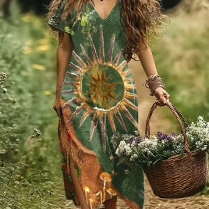 Women Geometric V Neck Short Sleeve Comfy Casual Maxi Dress, Maxi, color:Green|size:4XL, catalog Noracora shop