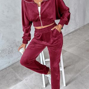 2 Pieces Outfit Stand Collar Zip Up Stretchy Hem Crop Sweatshirt and Elastic Waist Cuffed Sweatpants Set Casual Velvet Tracksuit, women Two-piece Sets, ChicMe catalog