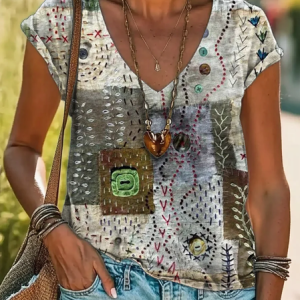 Women's Abstract Spring Print Casual V-Neck Short Sleeve T-Shirt, T-shirts, Lilicloth.com