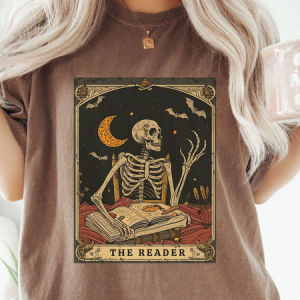 Women's The Reader Tarot Card Shirt, Skeleton Reading T-Shirt, T-shirts, Lilicloth.com
