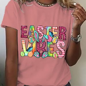 Women's Easter Vibes Bunny Funny Casual Cotton Short SleeveT-Shirt, T-shirts, Lilicloth.com