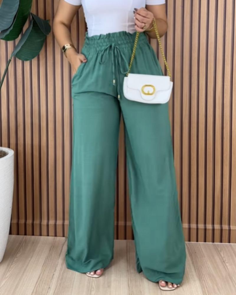 Strechy Waist Pocket Design Pants Casual Drawstring Wide Leg Pants, women Pants, ChicMe catalog