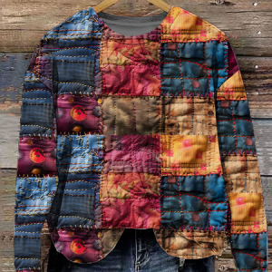 Women's Patchwork Art Print Crew Neck Loose Casual Sweatshirt, Hoodies&Sweatshirts, Lilicloth.com
