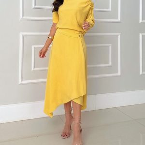 2 Piece Skew Neck Button Decor Top Asymmetrical Hem Swing Skirt Set Matching Outfits, women Two-piece Sets, ChicMe catalog