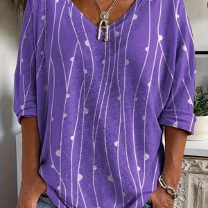 Women's Abstract Stripes Long Sleeve Tee T-shirt V Neck Printing Casual Spring/Fall Graphic Tee Top, JustFashionNow T-Shirts, color:Purple|size:XXL