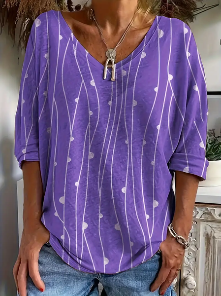 Women's Abstract Stripes Long Sleeve Tee T-shirt V Neck Printing Casual Spring/Fall Graphic Tee Top, JustFashionNow T-Shirts, color:Purple|size:XXL