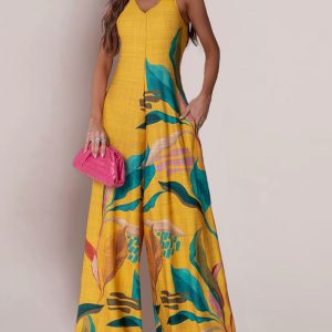 Abstract Leave Print V-Neck Lace-Up Cami Wide-Leg Jumpsuit, women Jumpsuits, ChicMe catalog