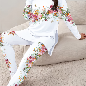 Women's Printing Floral Daily Going Out Two Piece Set Long Sleeve Casual Spring/Fall Top With Pants Matching Set, JustFashionNow Suit Set, color:White|size:XXL,