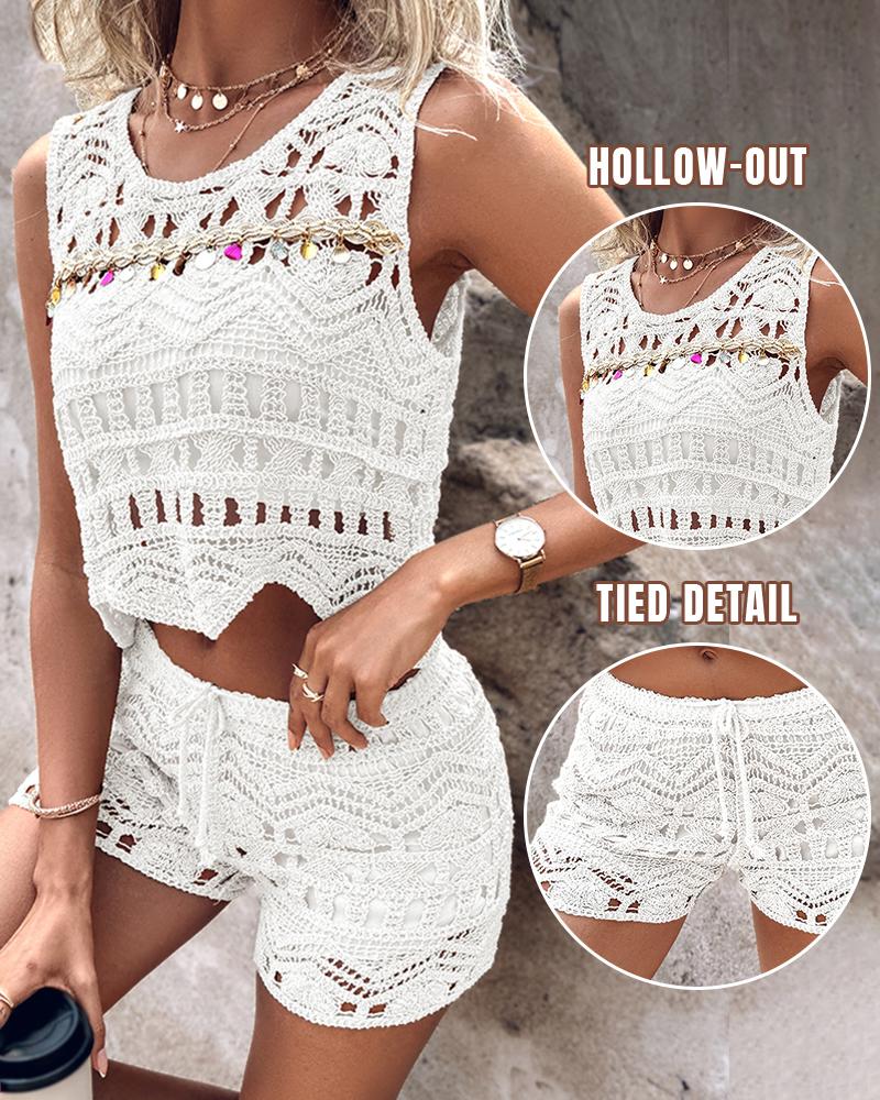 Crochet Lace Sleeveless Crop Knit Top & Shorts Set, women Two-piece Sets, ChicMe catalog - Image 2