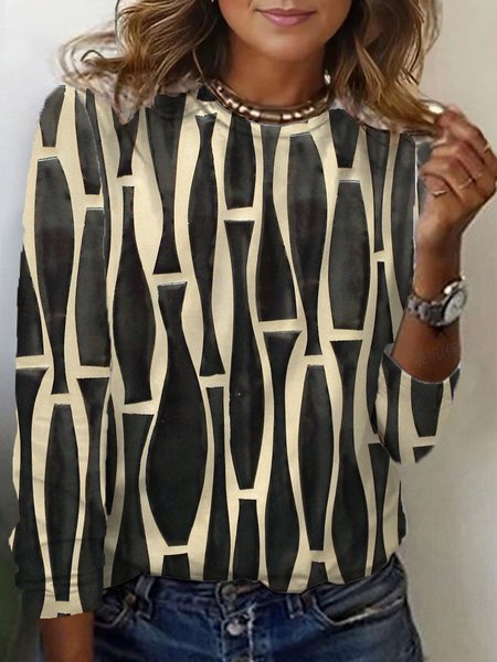 Geometric Print Long Sleeve Crew Neck T-shirt, Long sleeves, Lilicloth.com - Image 6