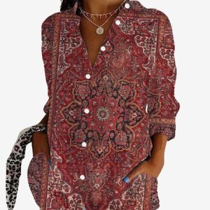 Women's Long Sleeve Shirt Spring/Fall Ethnic Shirt Collar Vacation Going Out Casual Top, JustFashionNow Shirts, color:Red|size:XXL,