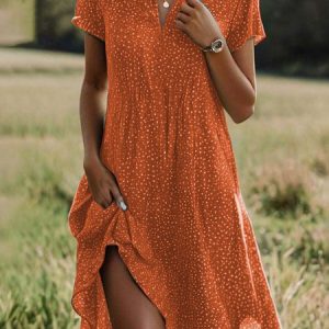 Women's Short Sleeve Summer Polka Dots Sundress Shirt Collar V Neck Going Out Casual A-Line Midi Dress Green Blue Red, JustFashionNow Dresses, color:Orange Red|size:S,