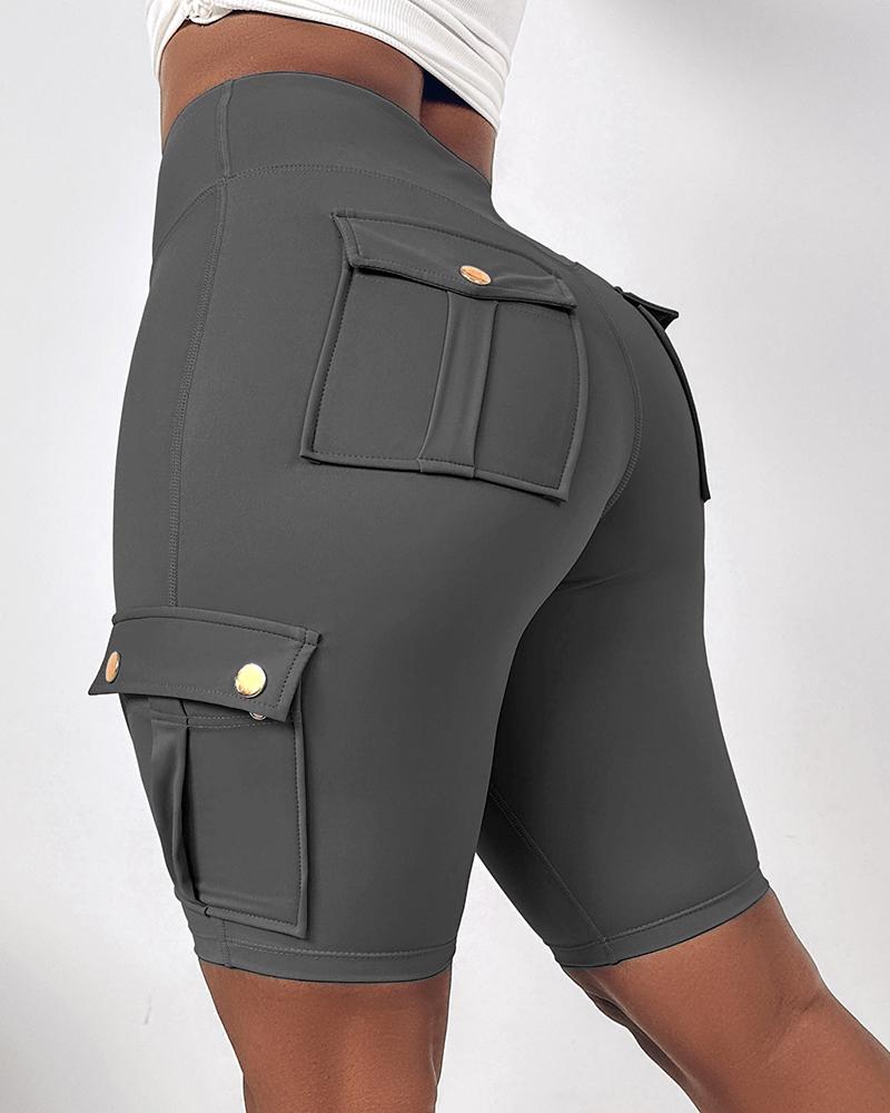 Tummy Control Butt Lifting Active Shorts High Waist Flap Pockets Workout Bermuda Cargo Running Shorts, women Active Shorts, ChicMe catalog - Image 2