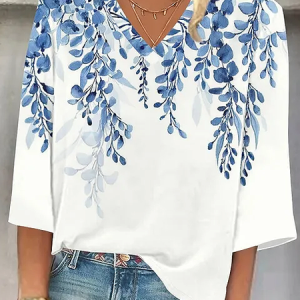 Women's Three Quarter Sleeve Blouse Spring/Fall Floral Printing V Neck Daily Going Out Casual Top, JustFashionNow T-Shirts, color:White|size:XXL