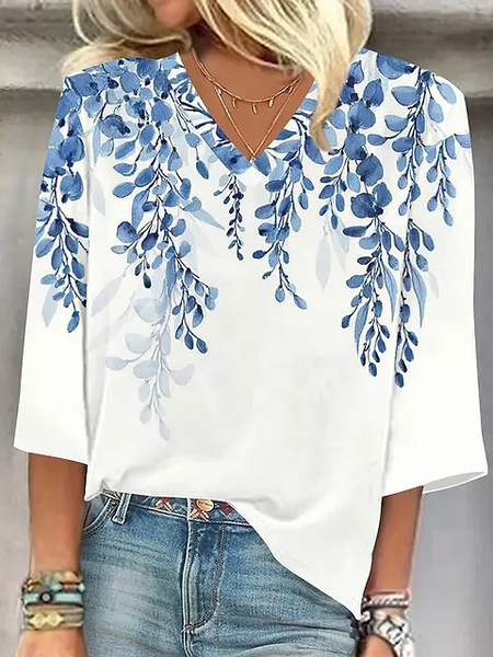 Women's Three Quarter Sleeve Blouse Spring/Fall Floral Printing V Neck Daily Going Out Casual Top, JustFashionNow T-Shirts, color:White|size:XXL,