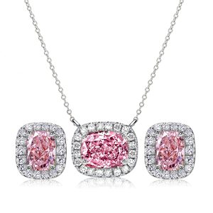 jewelry sets - Italo Pink Stone Cushion Cut Halo Necklace & Earrings Jewelry Set, Italo jewelry - Online Catalog