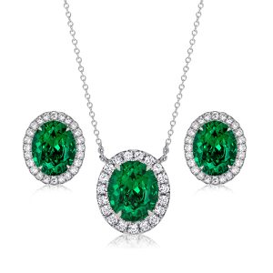 jewelry sets - Italo Oval Green Emerald Sapphire Halo Necklace & Earrings Jewelry Set, Italo jewelry - Online Catalog