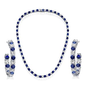 jewelry sets - Italo White & Blue Sapphire Tennis Necklace & Hoop Earrings Jewelry Set, Italo jewelry - Online Catalog