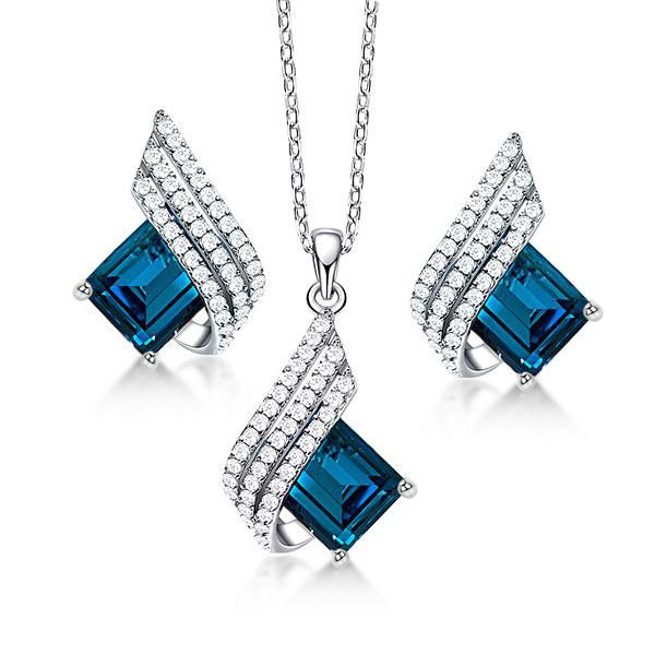 jewelry sets - Italo Emerald Cut Blue Topaz Necklace & Earrings Jewelry Set, Italo jewelry - Online Catalog