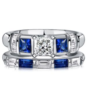 bridal sets - Italo Princess Cut Blue Sapphire Bridal Set Wedding Rings, Italo jewelry - Online Catalog