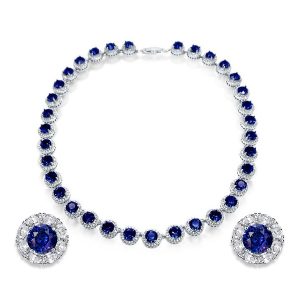 jewelry sets - Italo Blue Sapphire Halo Tennis Necklace & Stud Earrings Jewelry Set, Italo jewelry - Online Catalog