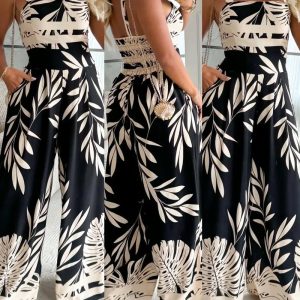 Tropical Print Square Neck Spaghetti Strap Backless Jumpsuit Casual Shirred Wide Leg Romper, women Jumpsuits, ChicMe catalog