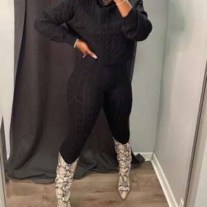 2 Pieces Outfit Long Sleeve Crop Drawstring Hoodie Top and Elastic Waist Slim Fit Pants Set Casual Cable Kint Set, women Two-piece Sets, ChicMe catalog