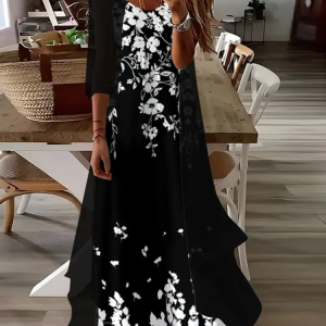 Women Floral Printing Two-Piece Set Daily Three Quarter Sleeve Casual Spring/Fall Dress With Coat Matching Set, JustFashionNow Suit Set, color:Black|size:XXL