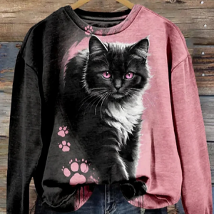 Women's Crew Neck Cat Casual Spring/Fall Long Sleeve Sweatshirt, JustFashionNow Sweatshirts & Hoodies, color:Black|size:XXL,
