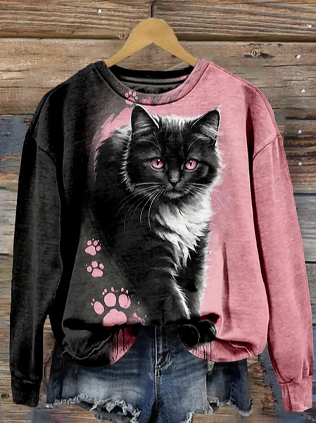 Women's Crew Neck Cat Casual Spring/Fall Long Sleeve Sweatshirt, JustFashionNow Sweatshirts & Hoodies, color:Black|size:XXL,