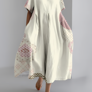 Women's Japanese Art Floral Print Vintage Round Neck Pleated Dress, Dresses, Lilicloth.com