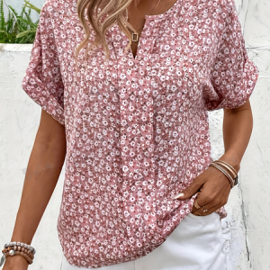 Women's Short Sleeve Blouse Summer Ditsy Floral Notched Daily Going Out Casual Top, JustFashionNow Shirts, color:Pink|size:XXL,