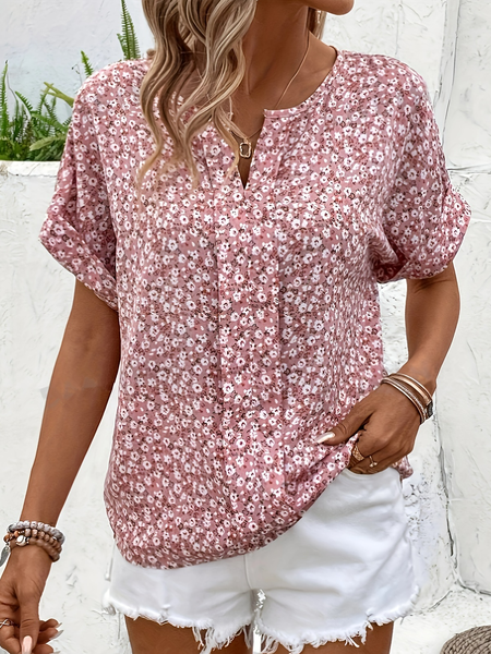 Women's Short Sleeve Blouse Summer Ditsy Floral Notched Daily Going Out Casual Top, JustFashionNow Shirts, color:Pink|size:XXL,