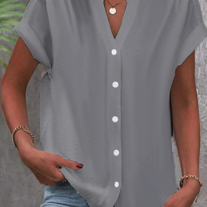Women's Plain Short Sleeve Shirt Summer Buckle V Neck Daily Casual Top, JustFashionNow Shirts, color:Gray|size:4XL,